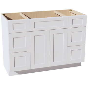 HF-VSD60SINGLE: Frost White Shaker 60"W x 34-1/2"H x 21"D 2 Doors, 6 Drawers & 1 False Drawer Single Sink Vanity Base Combo Cabinets