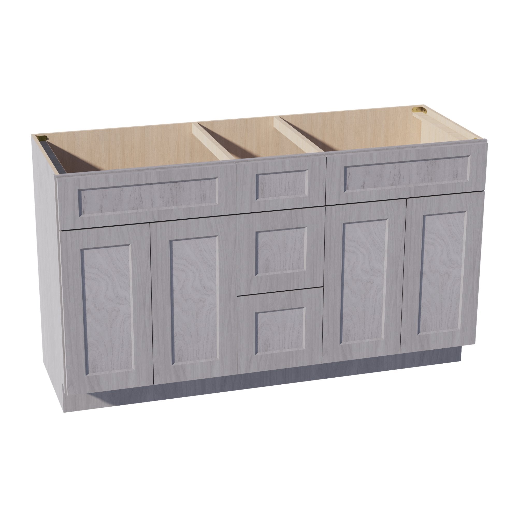HLG-VSD60DOUBLE: Light Gray Shaker 60"W x 34-1/2"H x 21"D 4 Doors, 3 Drawers & 2 False Drawers Double Sink Vanity Base Combo Cabinets
