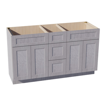 HLG-VSD60DOUBLE: Light Gray Shaker 60"W x 34-1/2"H x 21"D 4 Doors, 3 Drawers & 2 False Drawers Double Sink Vanity Base Combo Cabinets