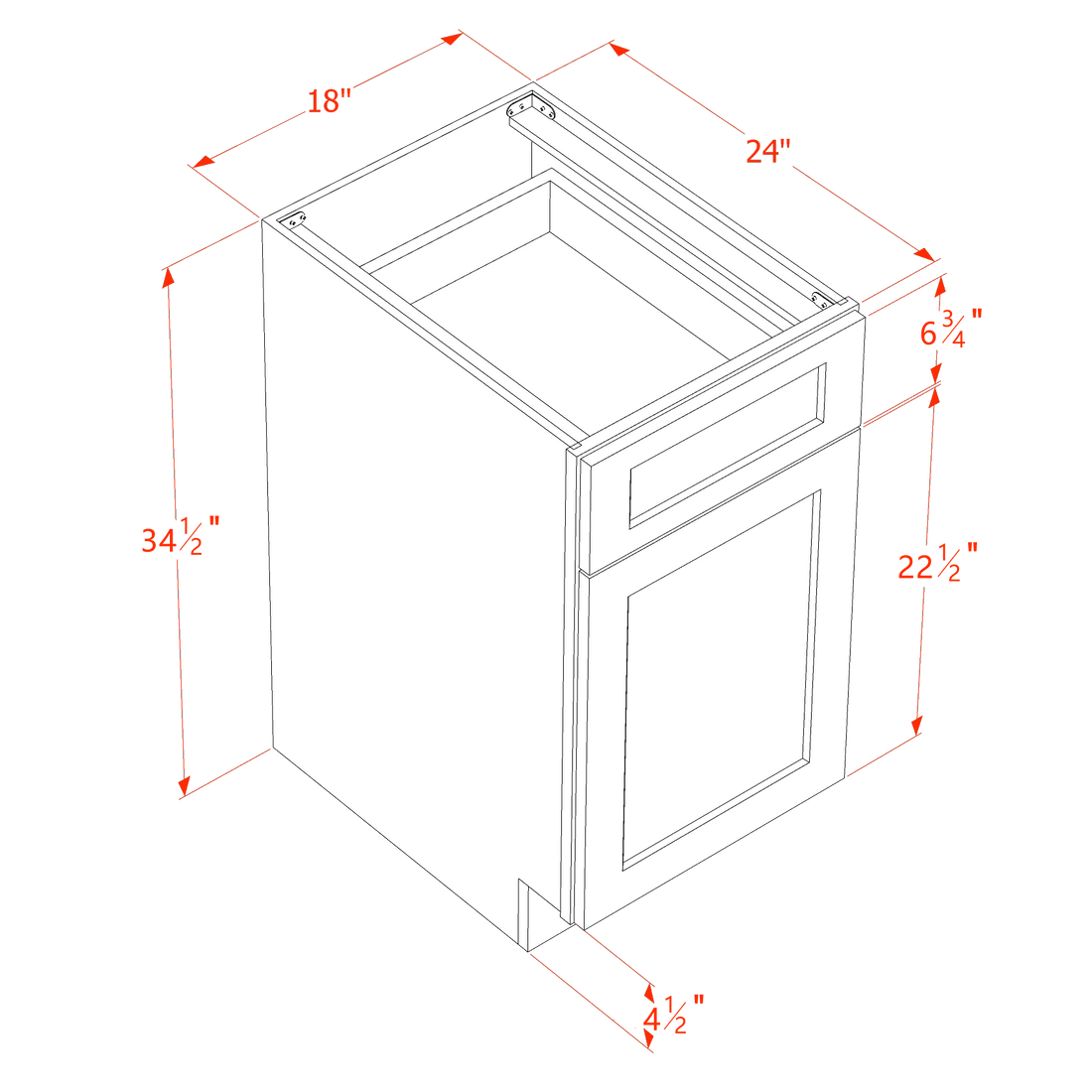 SF-B18: Frost White Slim Shaker 18" 1 Drawer 1 Door Standard Base Cabinet