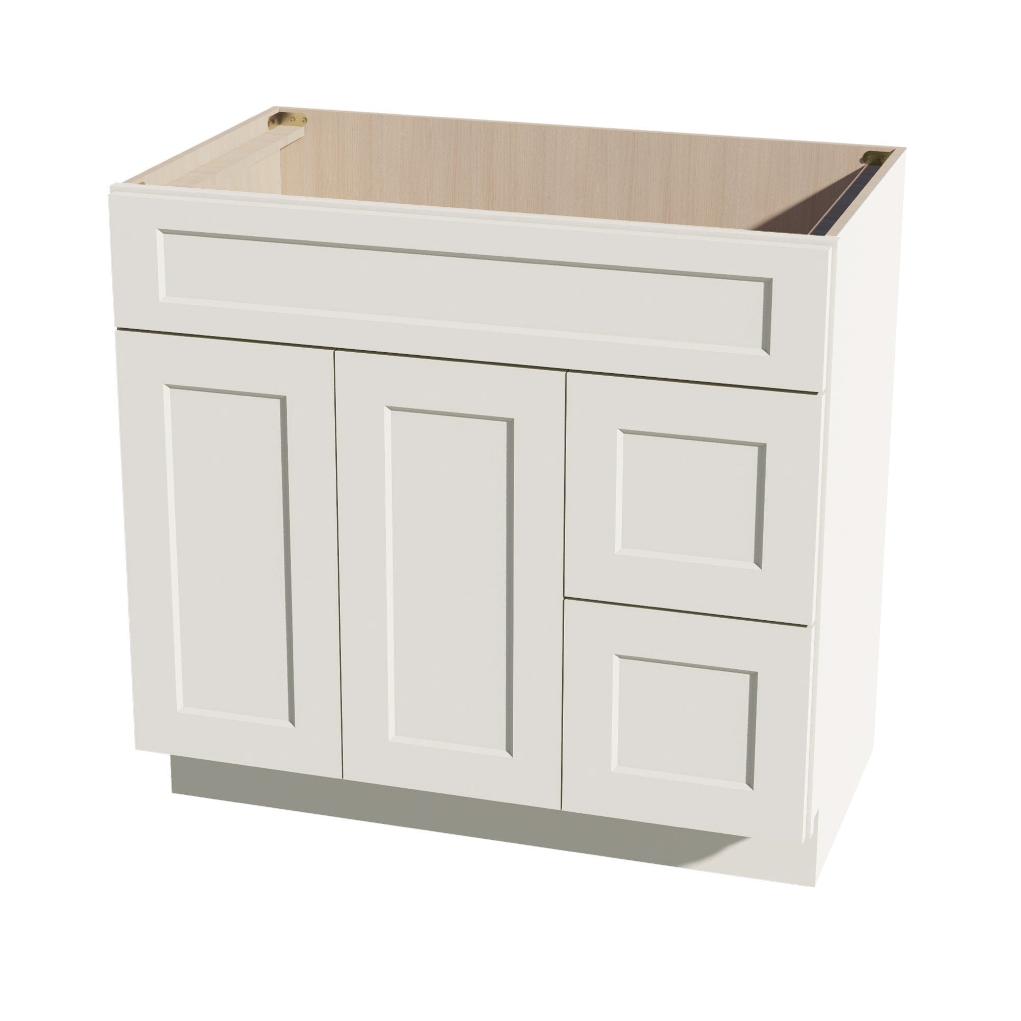 DI-VSD3621R：达拉斯象牙色 Shaker 36 英寸宽 x 34-1/2 英寸高 x 21 英寸深 2 个门和 2 个右侧抽屉 偏置梳妆台水槽底柜