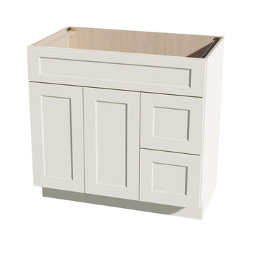 DI-VSD3621R：达拉斯象牙色 Shaker 36 英寸宽 x 34-1/2 英寸高 x 21 英寸深 2 个门和 2 个右侧抽屉 偏置梳妆台水槽底柜